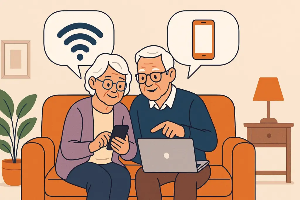 Pareja de personas mayores comparando tarifas de fibra y móvil desde el sofá con portátil y smartphone.