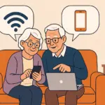 Pareja de personas mayores comparando tarifas de fibra y móvil desde el sofá con portátil y smartphone.