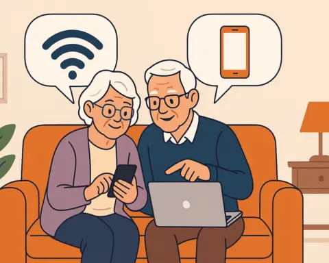 Pareja de personas mayores comparando tarifas de fibra y móvil desde el sofá con portátil y smartphone.
