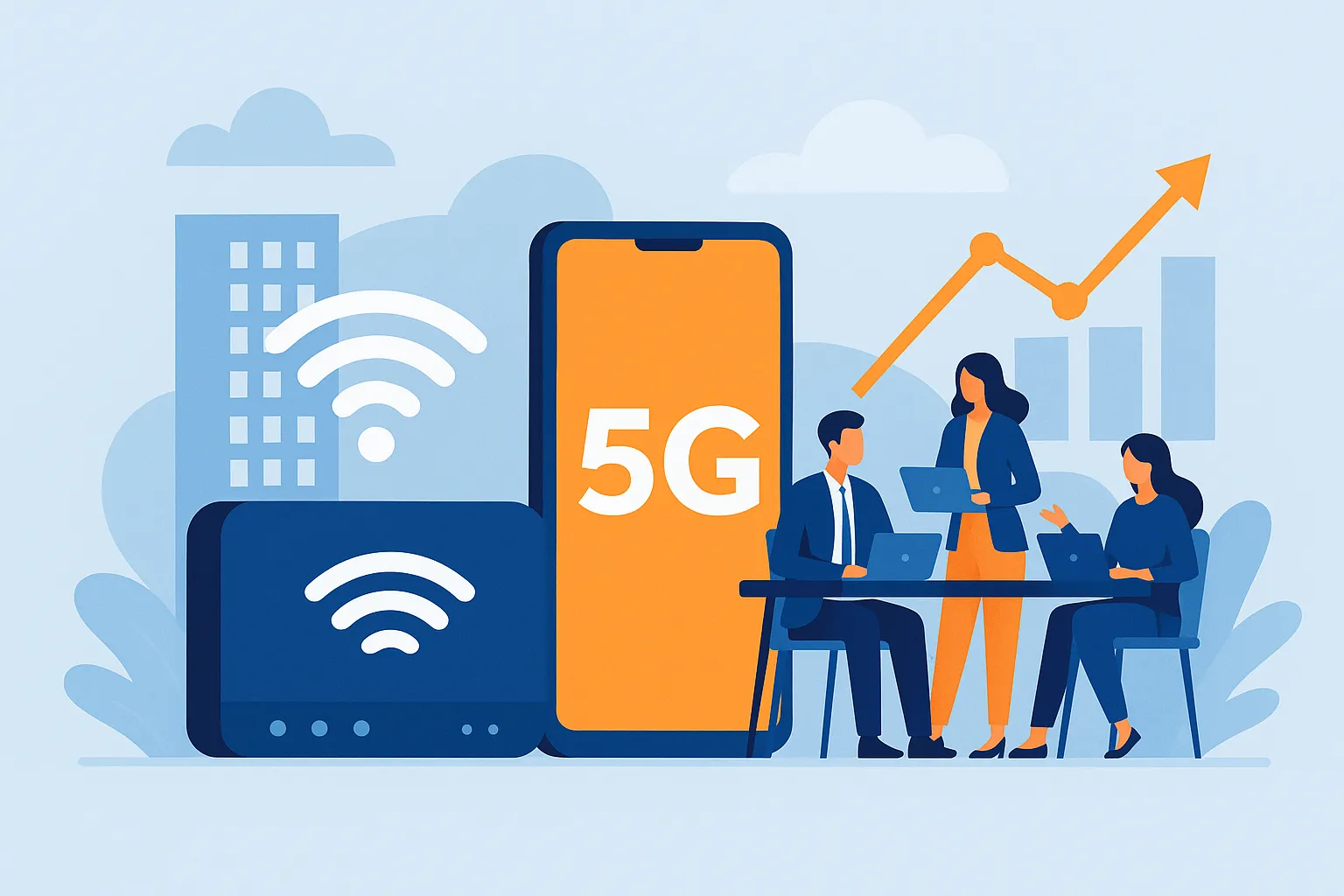 Router Wi-Fi y smartphone 5 G junto a un equipo trabajando con portátiles, con un gráfico ascendente y edificios al fondo, simbolizando las mejores tarifas de fibra y móvil para empresas.