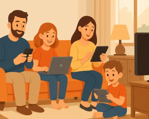 Una familia en el salón de su casa conectada a distintos dispositivos gracias a disfrutar de la mejor tarifa de fibra y móvil