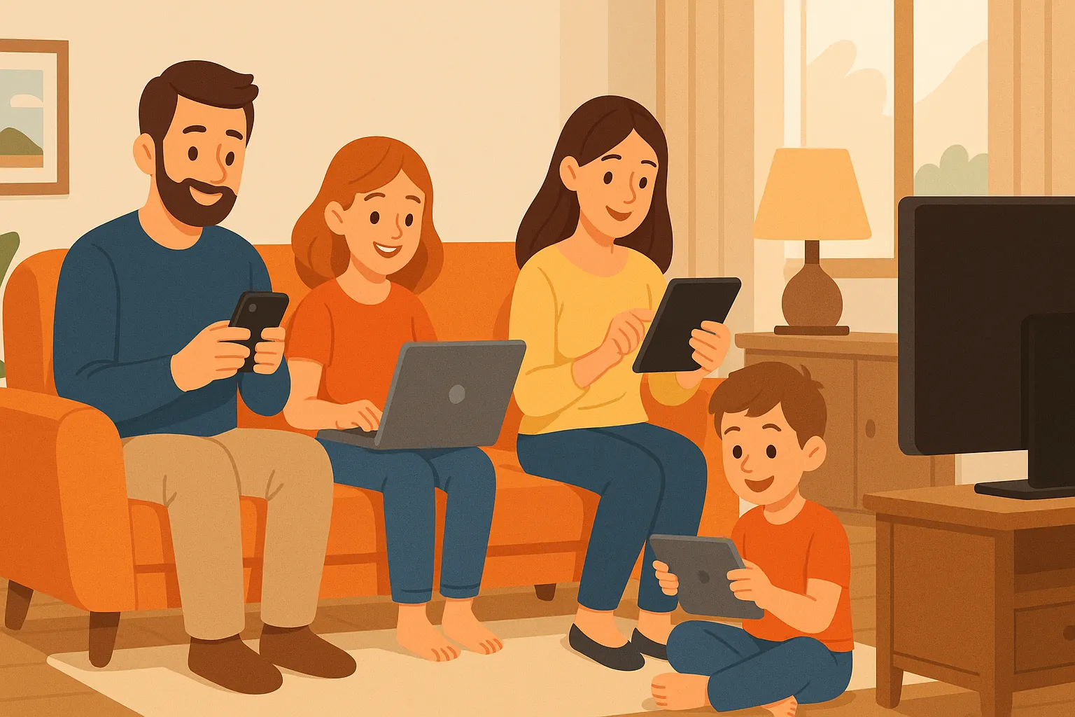 Una familia en el salón de su casa conectada a distintos dispositivos gracias a disfrutar de la mejor tarifa de fibra y móvil