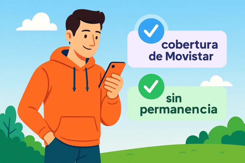 Hombre usando el móvil al aire libre, junto a mensajes que destacan cobertura de Movistar y sin permanencia como ventajas de O2.