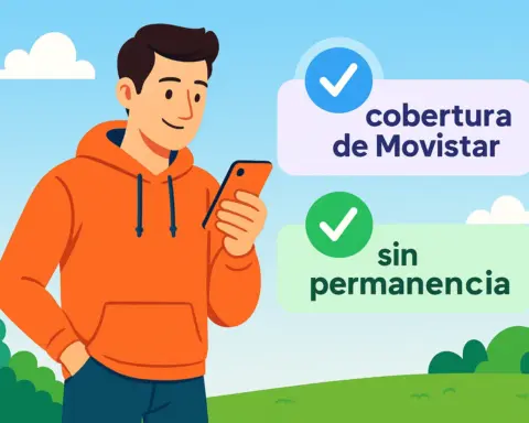 Hombre usando el móvil al aire libre, junto a mensajes que destacan cobertura de Movistar y sin permanencia como ventajas de O2.