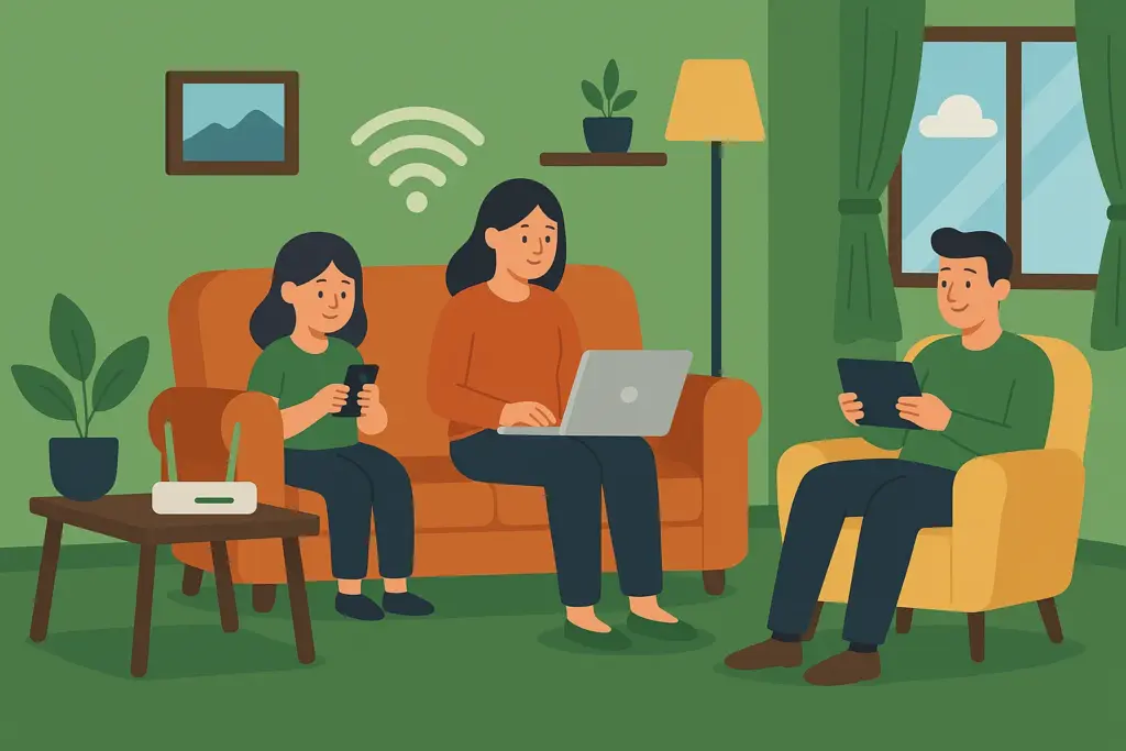 Familia conectada en casa: madre con portátil, padre con tablet y niña con móvil, representando la conectividad de Guuk.