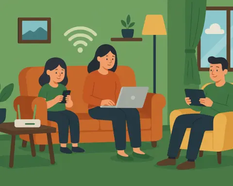 Familia conectada en casa: madre con portátil, padre con tablet y niña con móvil, representando la conectividad de Guuk.