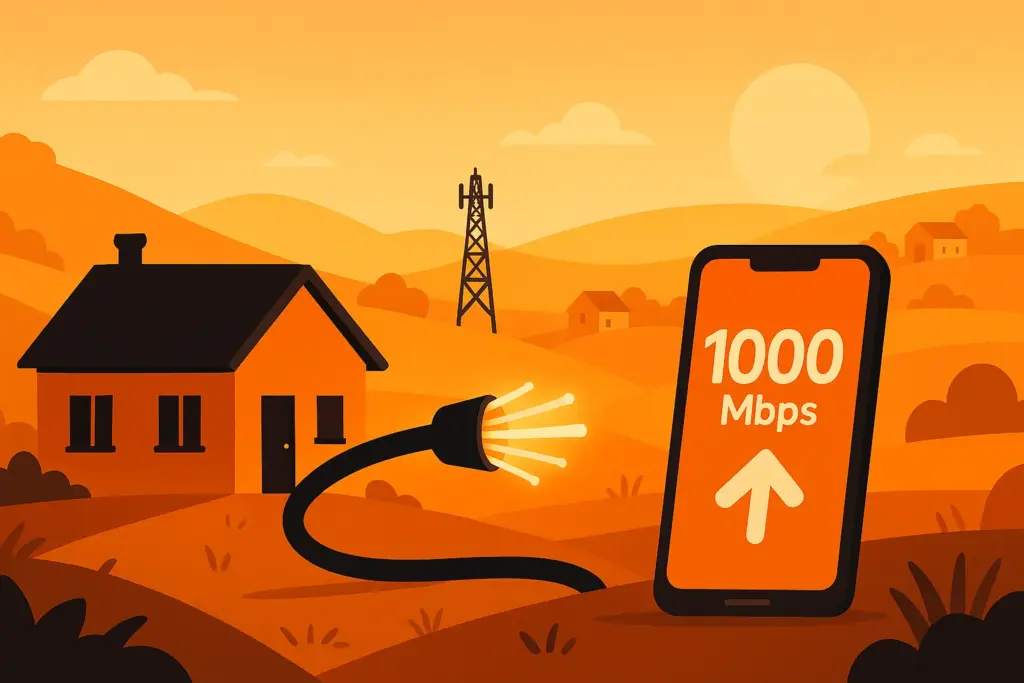 Casa rural en mitad del campo con smartphone conectado para simbolizar la fibra ultrarrápida de Adamo en zonas rurales.