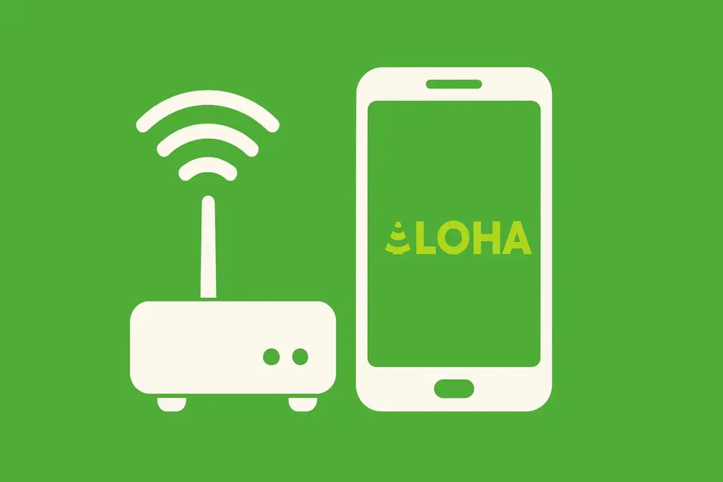 Ilustración de un router y un móvil con el logo de Aloha.