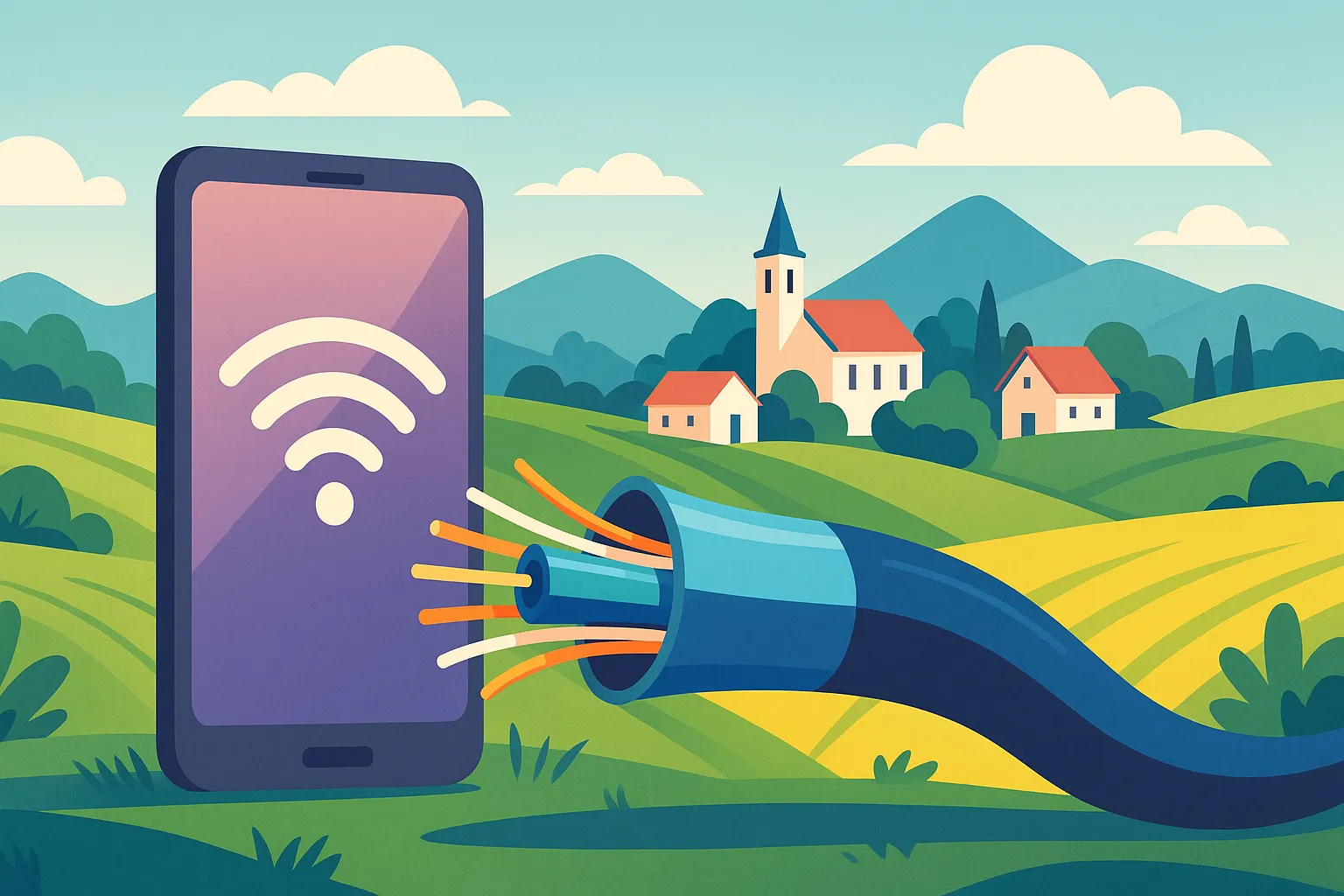 Cable de fibra óptica y smartphone con icono de señal 5 G en un paisaje rural de colinas y casitas, simbolizando la conexión de fibra y móvil de Avatel en pueblos.