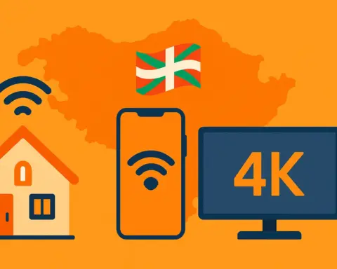 Mapa del País Vasco de fondo, casa conectada por Wi-Fi, smartphone 5G y televisión 4K, simbolizando las tarifas de fibra y móvil de Euskaltel