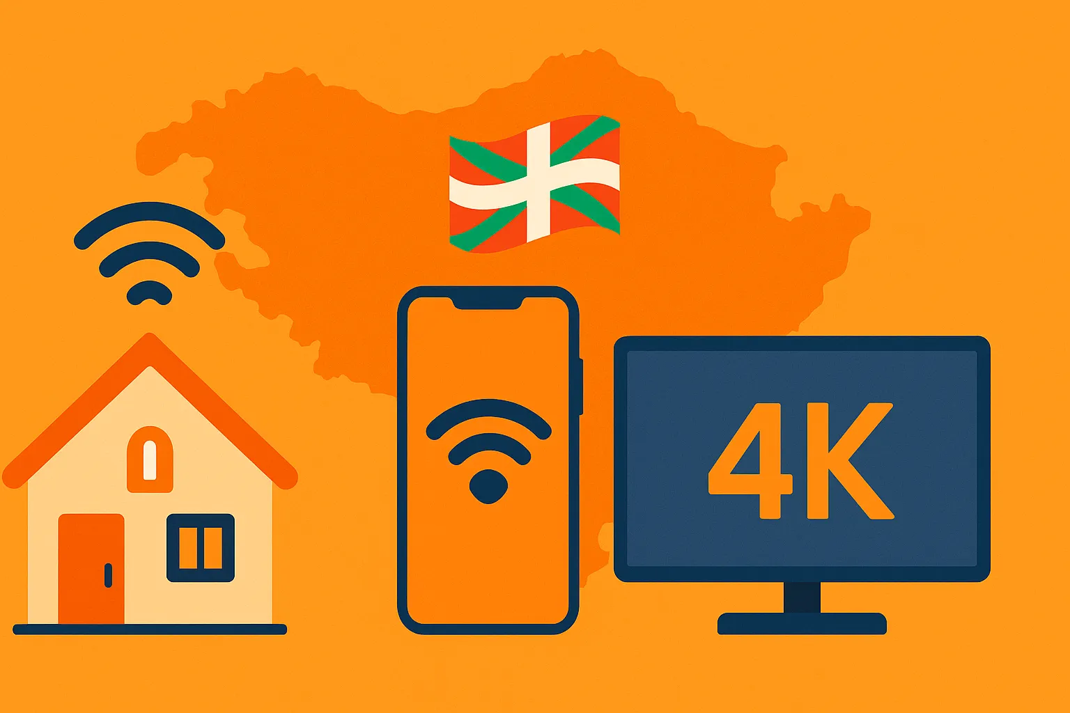 Mapa del País Vasco de fondo, casa conectada por Wi-Fi, smartphone 5G y televisión 4K, simbolizando las tarifas de fibra y móvil de Euskaltel
