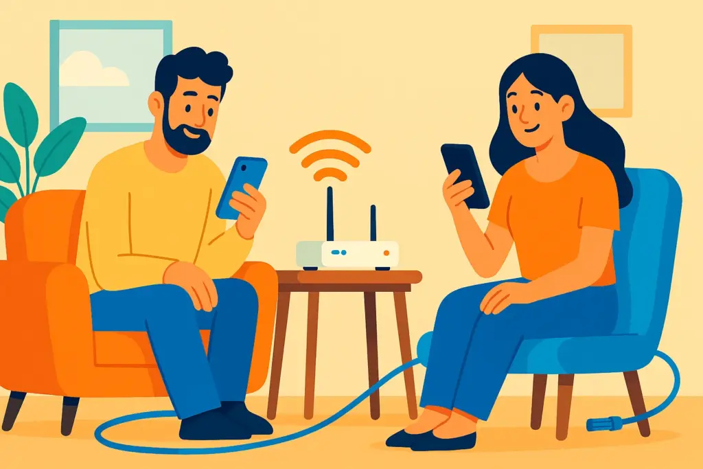 Una pareja en casa usando sus móviles mientras un router Wi-Fi emite señal de fibra, simbolizando un pack de fibra y dos líneas móviles.
