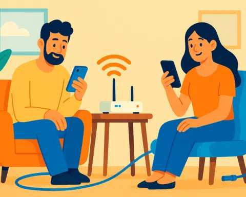Una pareja en casa usando sus móviles mientras un router Wi-Fi emite señal de fibra, simbolizando un pack de fibra y dos líneas móviles.