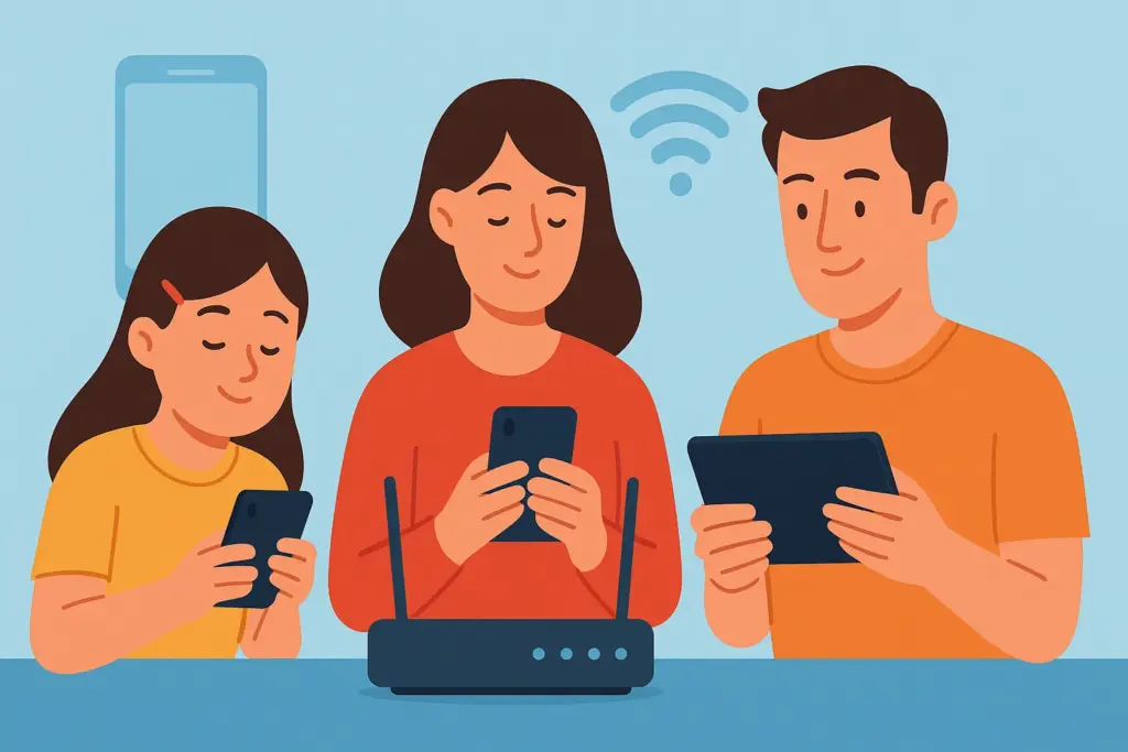Familia de tres personas disfrutando de la conexión Wi-Fi en casa —con router en primer plano— mientras usan móvil y tablet de forma inalámbrica.