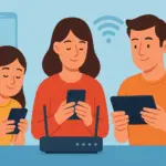 Familia de tres personas disfrutando de la conexión Wi-Fi en casa —con router en primer plano— mientras usan móvil y tablet de forma inalámbrica.