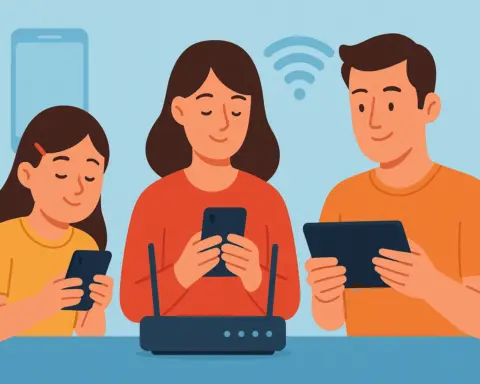 Familia de tres personas disfrutando de la conexión Wi-Fi en casa —con router en primer plano— mientras usan móvil y tablet de forma inalámbrica.