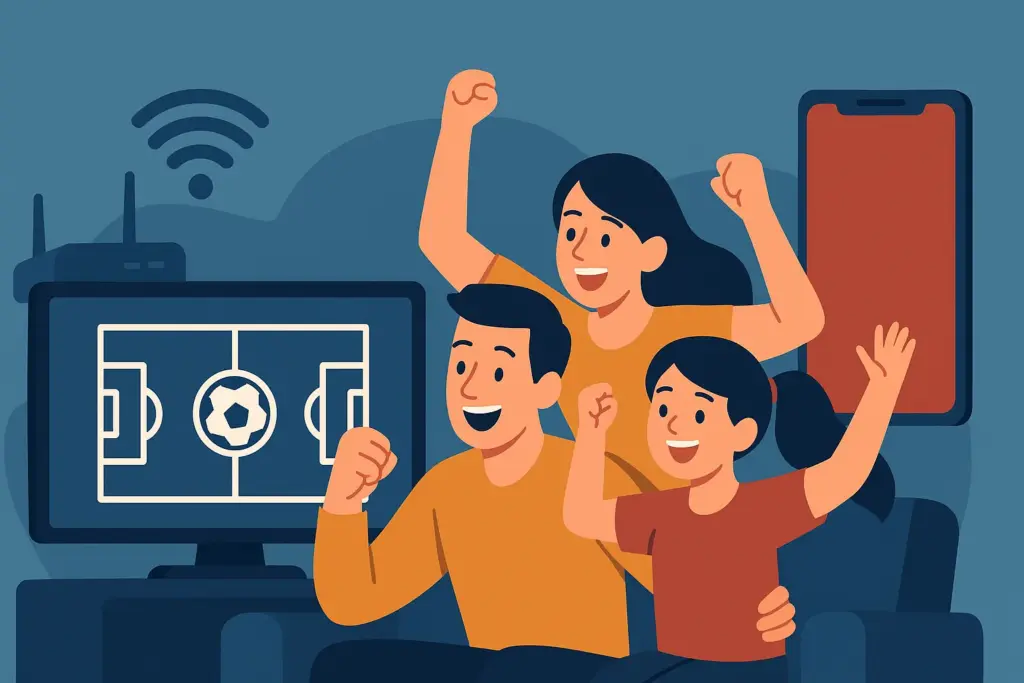 Familia celebrando un gol frente al televisor con un campo de fútbol en pantalla, junto al router wifi, representando un pack de fibra, móvil y fútbol.