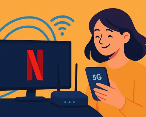 Una usuaria disfrutando del servicio de suscripción Netflix, junto a un router Wi-fi y un smartphone, simbolizando las tarifas de fibra y móvil con Netflix incluido.