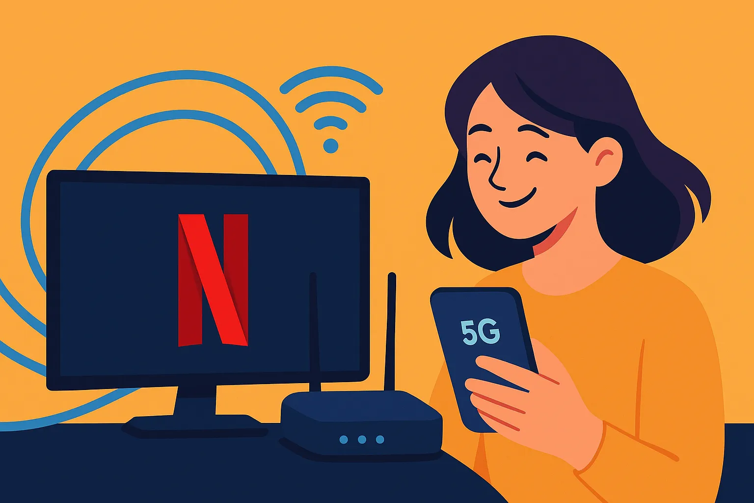 Una usuaria disfrutando del servicio de suscripción Netflix, junto a un router Wi-fi y un smartphone, simbolizando las tarifas de fibra y móvil con Netflix incluido.