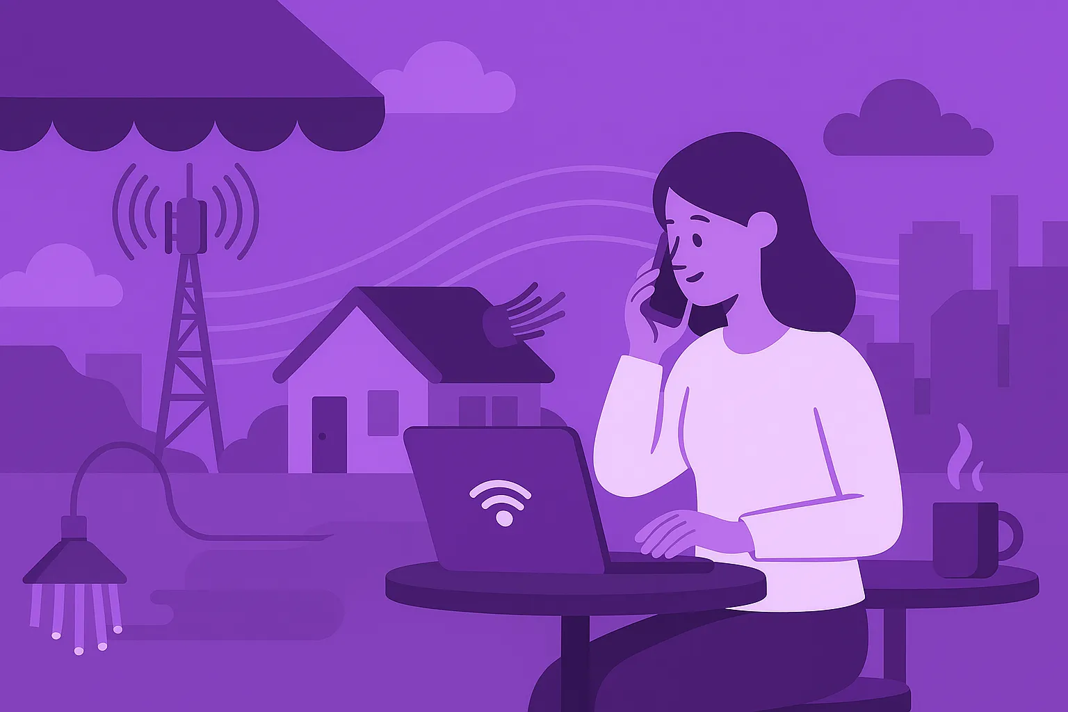 Joven trabajando con su portátil y smartphone en el exterior de su casa, simbolizando la combinación de fibra y móvil de Finetwork.