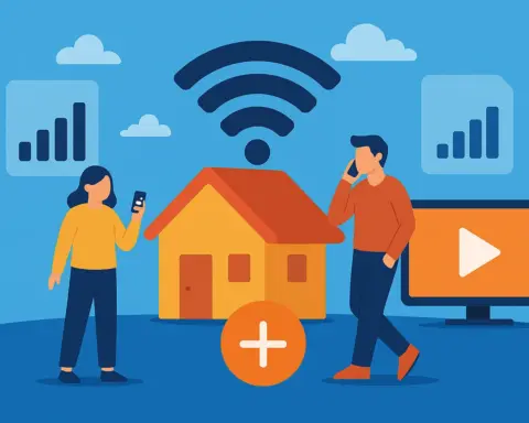 Dos personas usando el móvil frente a una casa con señal WiFi, barra de cobertura y televisión, representando la oferta de fibra y móvil Jazztel.