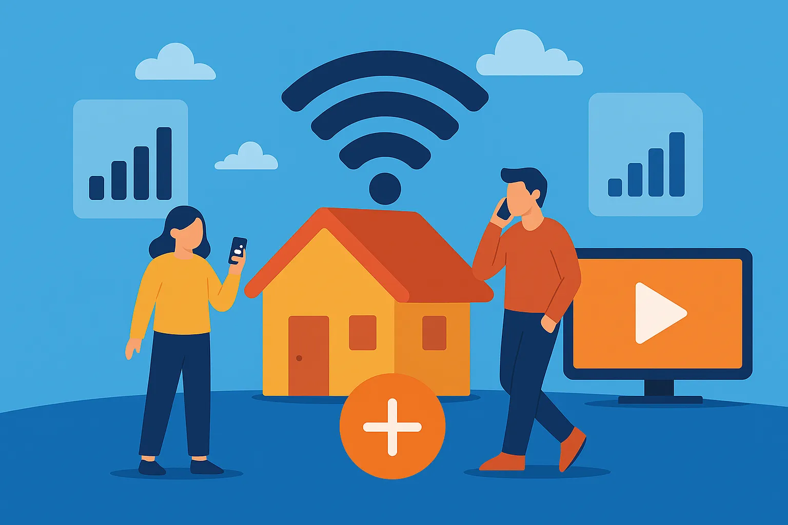 Dos personas usando el móvil frente a una casa con señal WiFi, barra de cobertura y televisión, representando la oferta de fibra y móvil Jazztel.