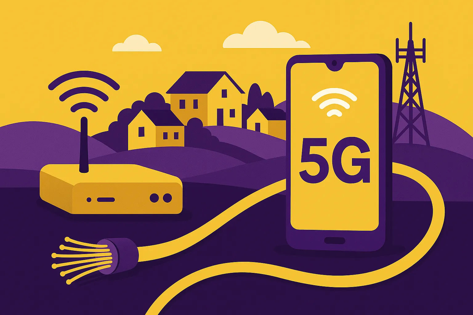 Router y smartphone 5 G conectados por fibra, junto a un grupo de casas y antena de telecomunicaciones al fondo, simbolizando la oferta de fibra y móvil de Lemmon.
