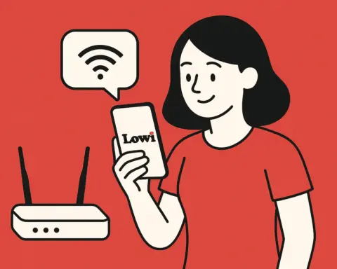 Mujer usando un móvil junto a un router WiFi, representando los servicios combinados de fibra y móvil de Lowi