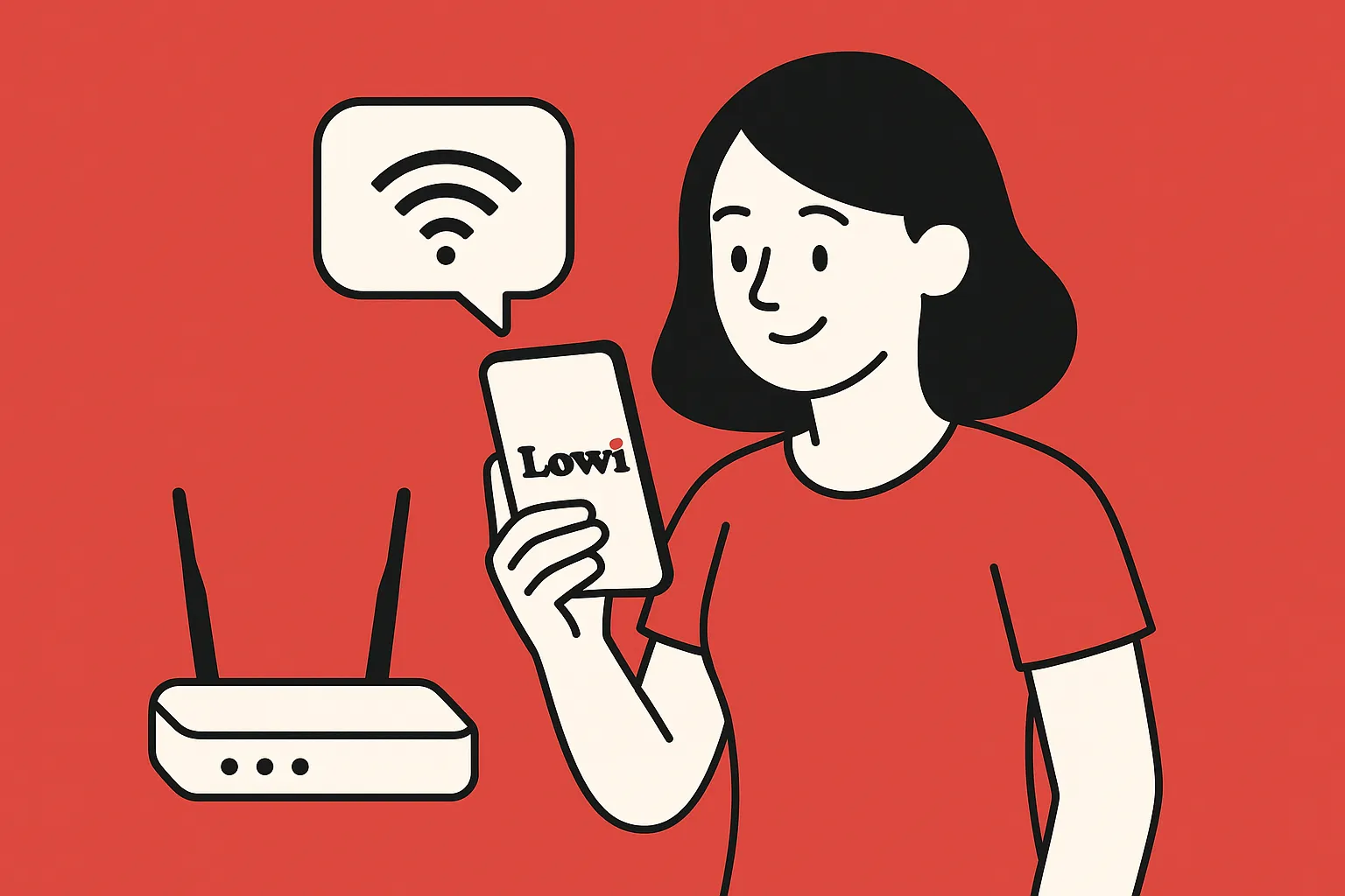 Mujer usando un móvil junto a un router WiFi, representando los servicios combinados de fibra y móvil de Lowi