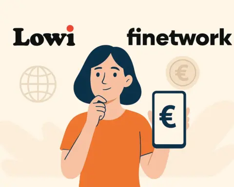 Mujer pensativa comparando logos actualizados de Lowi y Finetwork en fondo claro y estilo moderno.