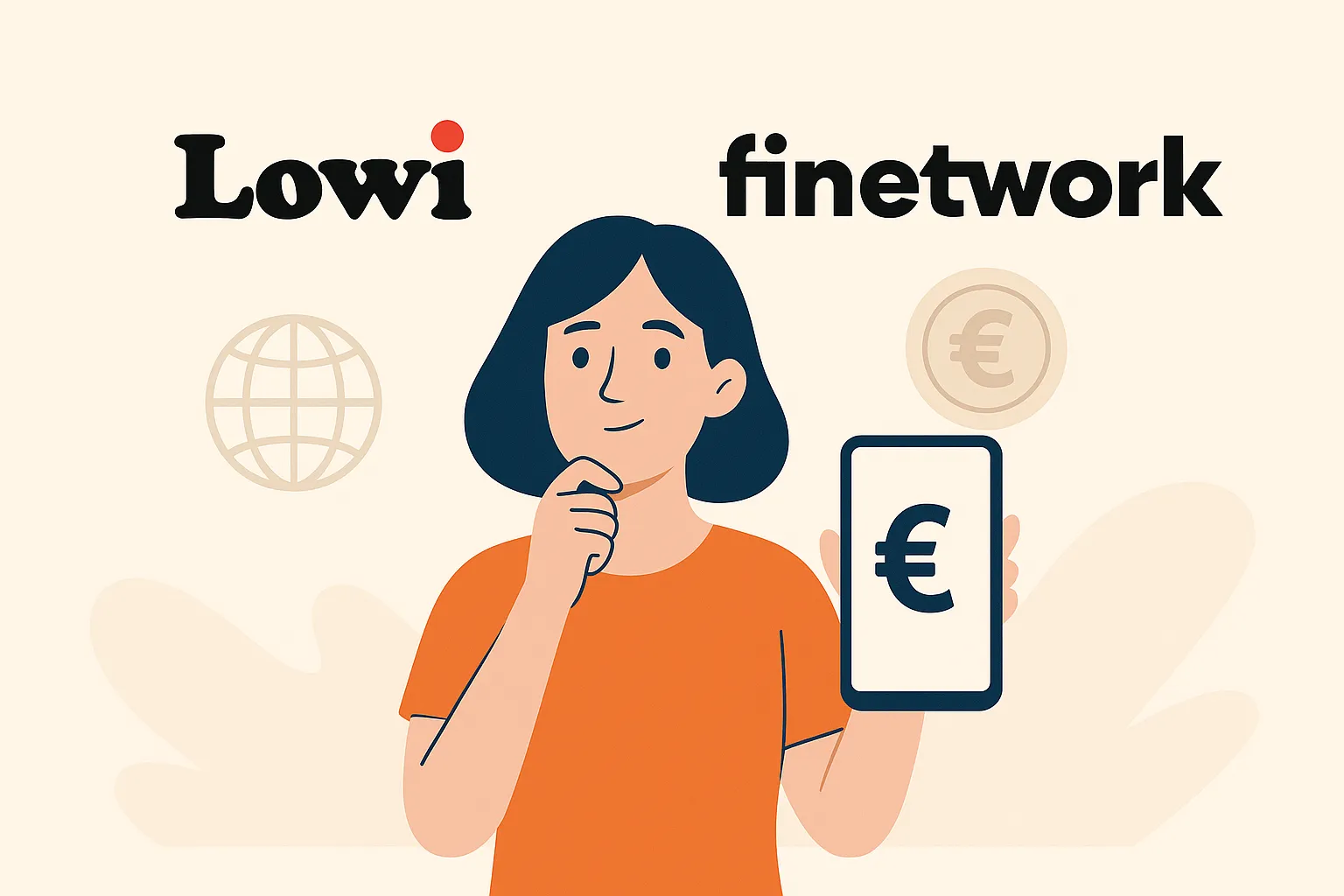 Mujer pensativa comparando logos actualizados de Lowi y Finetwork en fondo claro y estilo moderno.