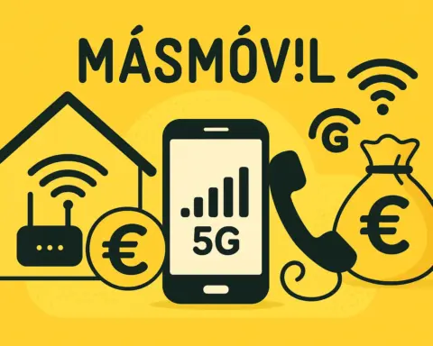 Casa con router Wi-Fi, smartphone 5G, teléfono fijo y símbolo de ahorro, representando las tarifas de fibra, móvil y fijo de MásMóvil.