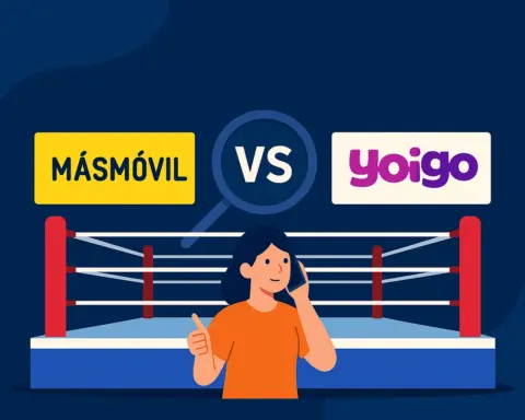 Ring de boxeo con logos correctos de MásMóvil (amarillo) y Yoigo (morado), enfrentados bajo fondo azul.