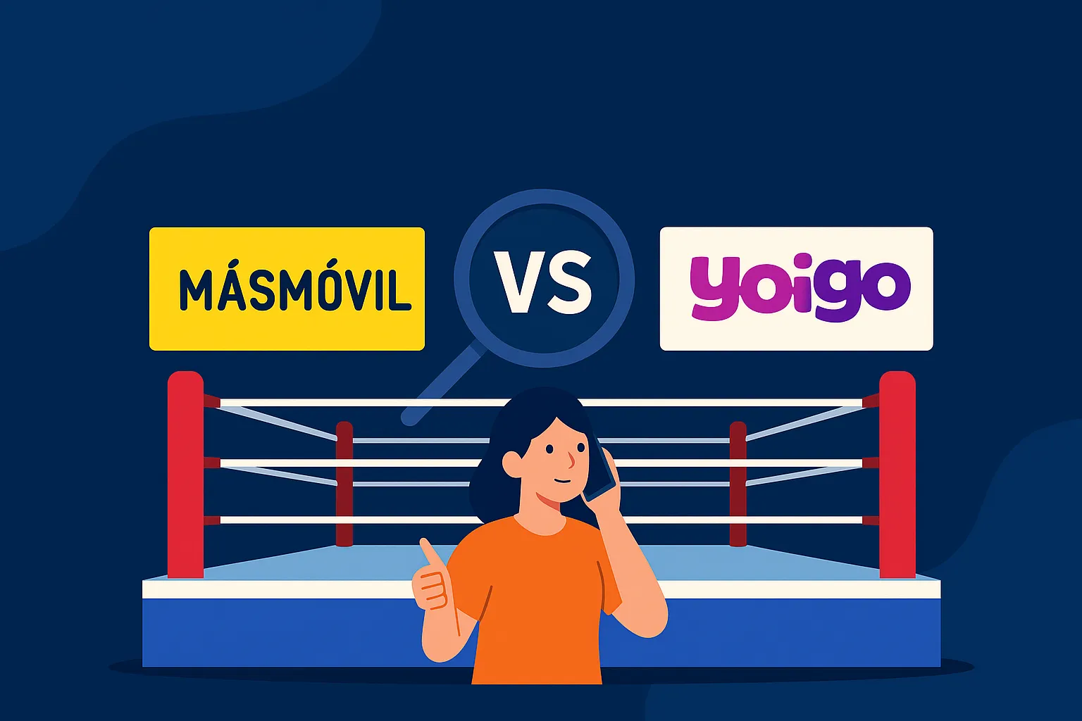Ring de boxeo con logos correctos de MásMóvil (amarillo) y Yoigo (morado), enfrentados bajo fondo azul.