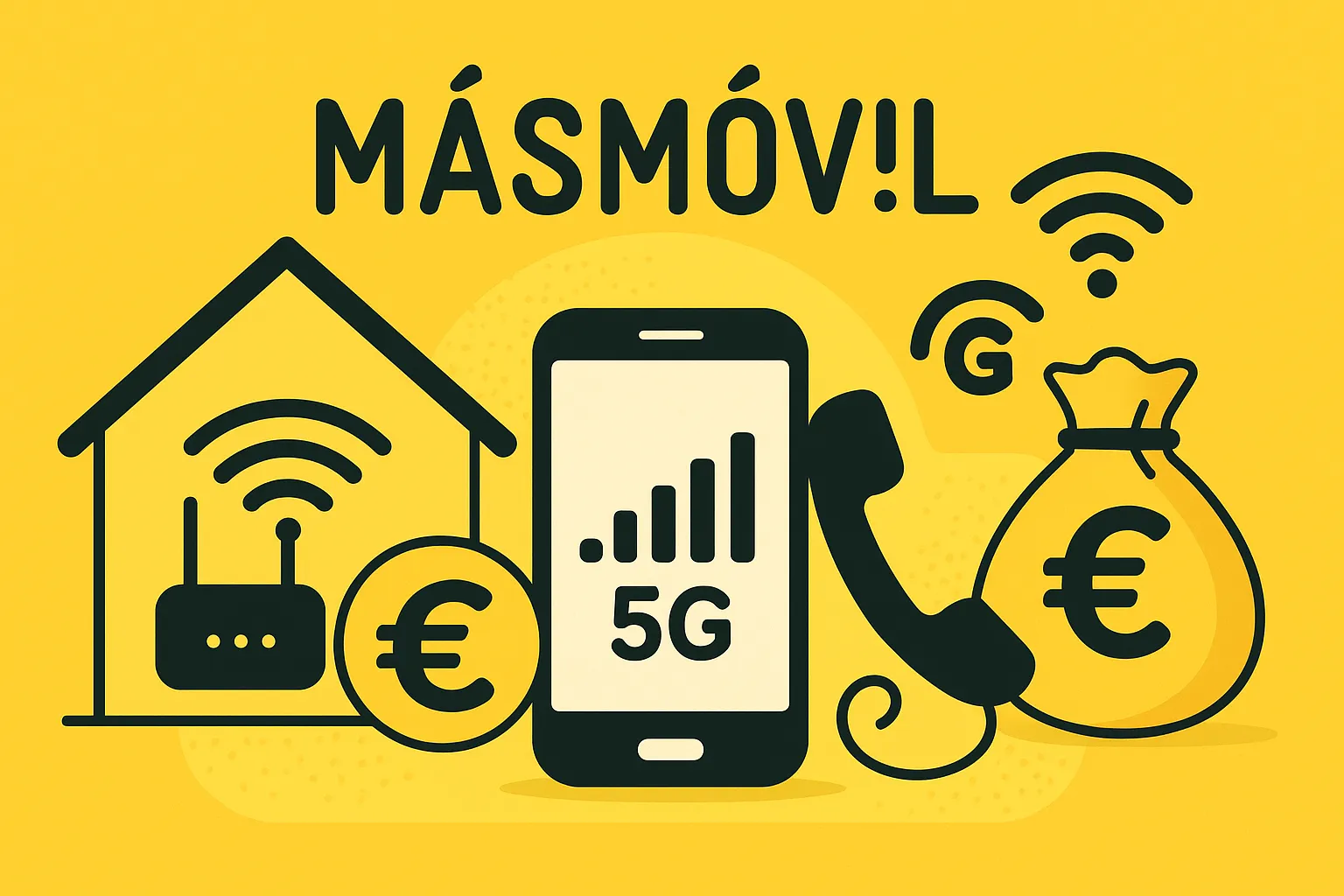 Casa con router Wi-Fi, smartphone 5G, teléfono fijo y símbolo de ahorro, representando las tarifas de fibra, móvil y fijo de MásMóvil.