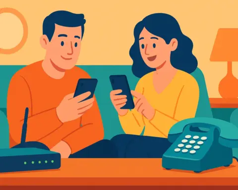 Pareja usando sus móviles junto a un router Wi-Fi 6 y un teléfono fijo sobre la mesa, símbolo de un paquete convergente de fibra, móvil y fijo.