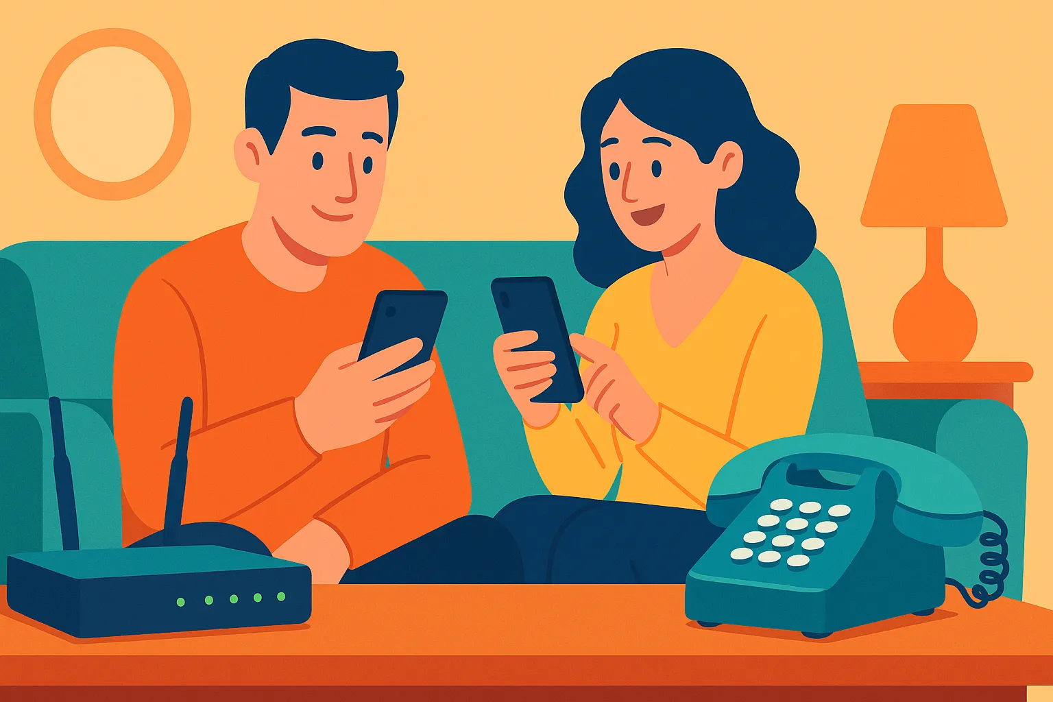 Pareja usando sus móviles junto a un router Wi-Fi 6 y un teléfono fijo sobre la mesa, símbolo de un paquete convergente de fibra, móvil y fijo.