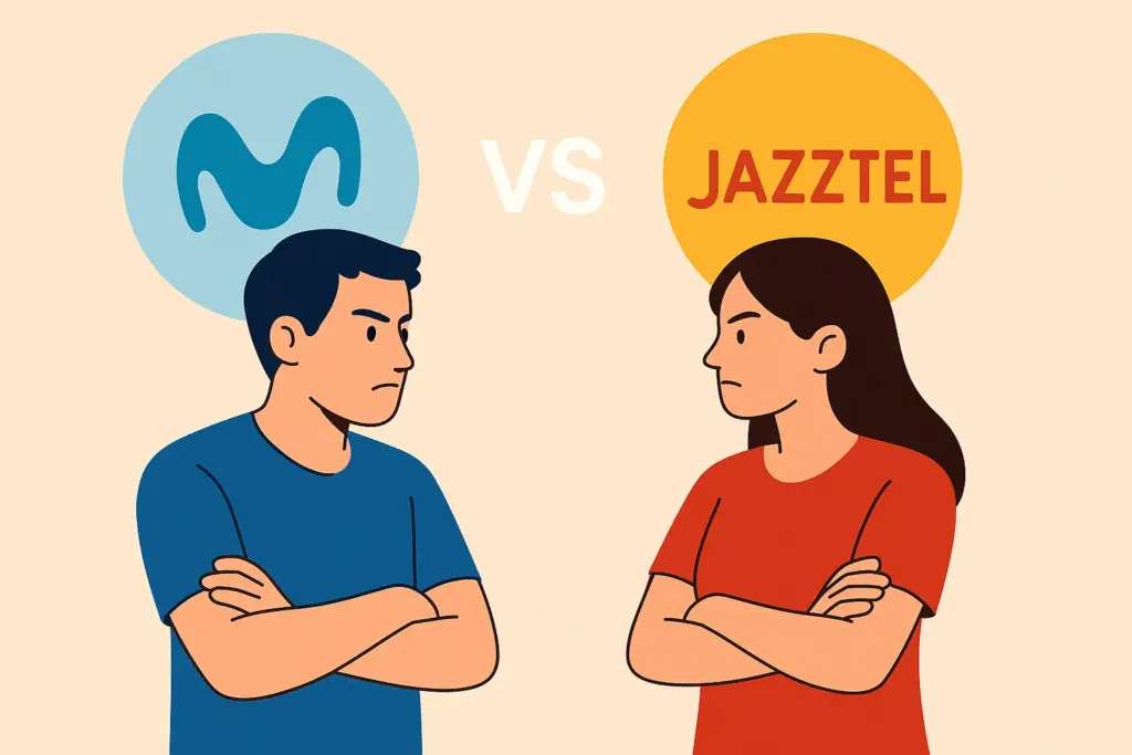 Hombre y mujer enfrentados representando la comparativa entre tarifas de Movistar y Jazztel.