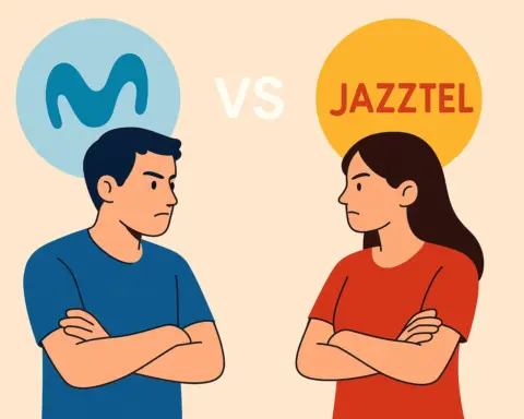Hombre y mujer enfrentados representando la comparativa entre tarifas de Movistar y Jazztel.