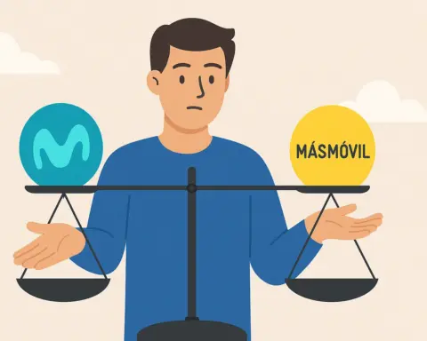 Hombre comparando tarifas de Movistar y MásMóvil con una balanza en equilibrio.