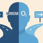Silueta dividida entre Movistar y O2 eligiendo caminos opuestos con señales de dirección.