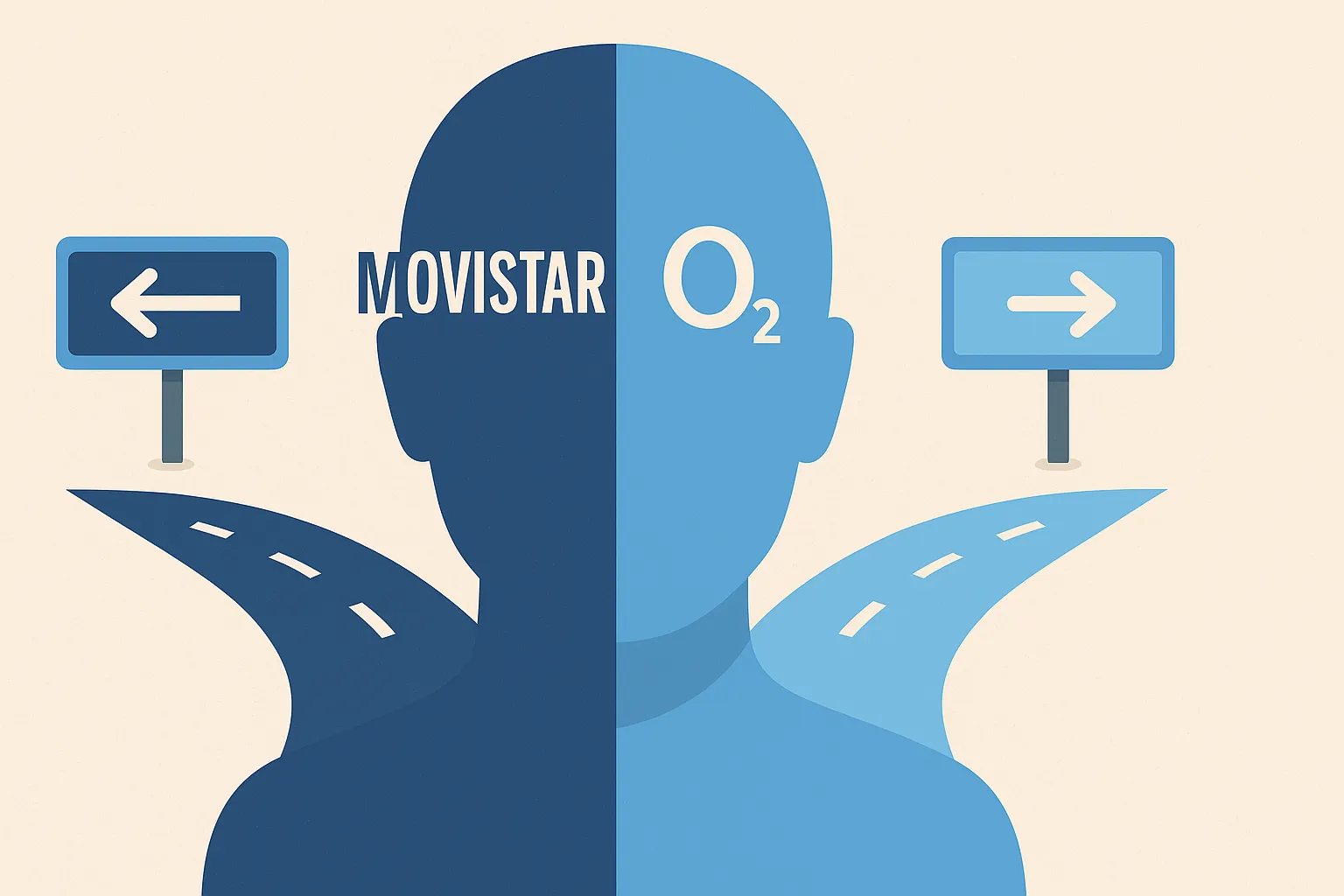 Silueta dividida entre Movistar y O2 eligiendo caminos opuestos con señales de dirección.