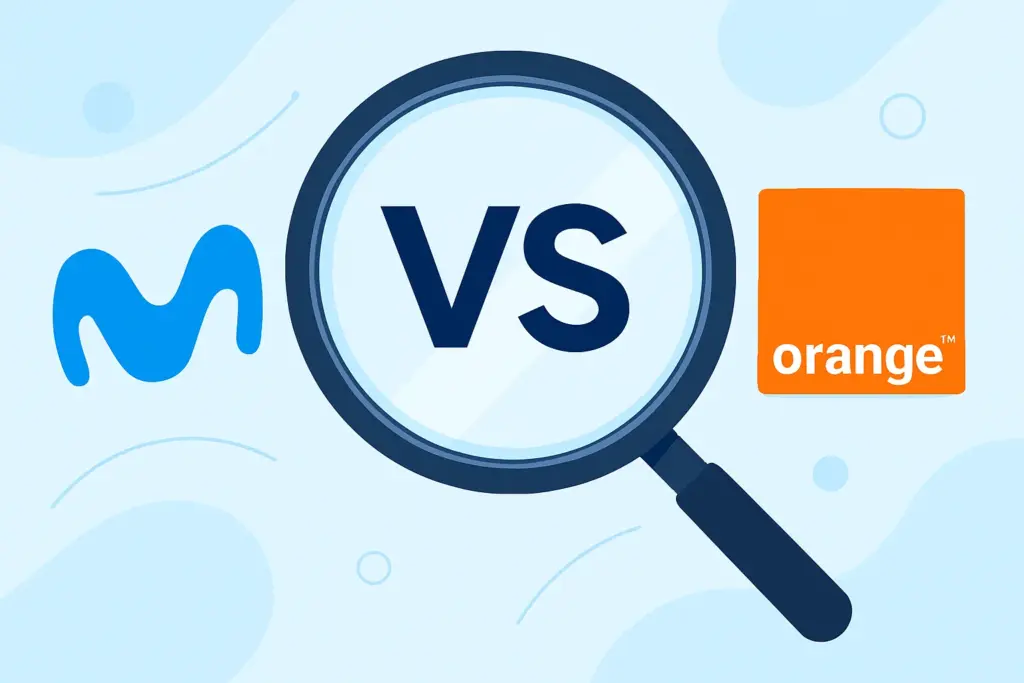 Lupa enfocando el texto “VS” entre los logos azules de Movistar y Orange sobre fondo claro.