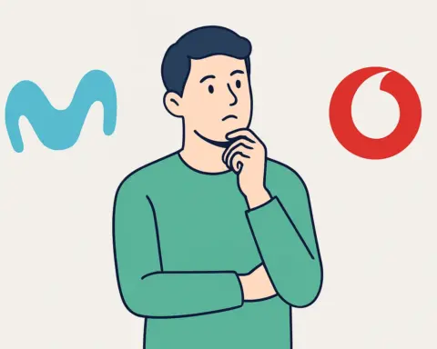Hombre pensativo comparando los logos de Movistar y Vodafone sobre fondo claro estilo minimalista.