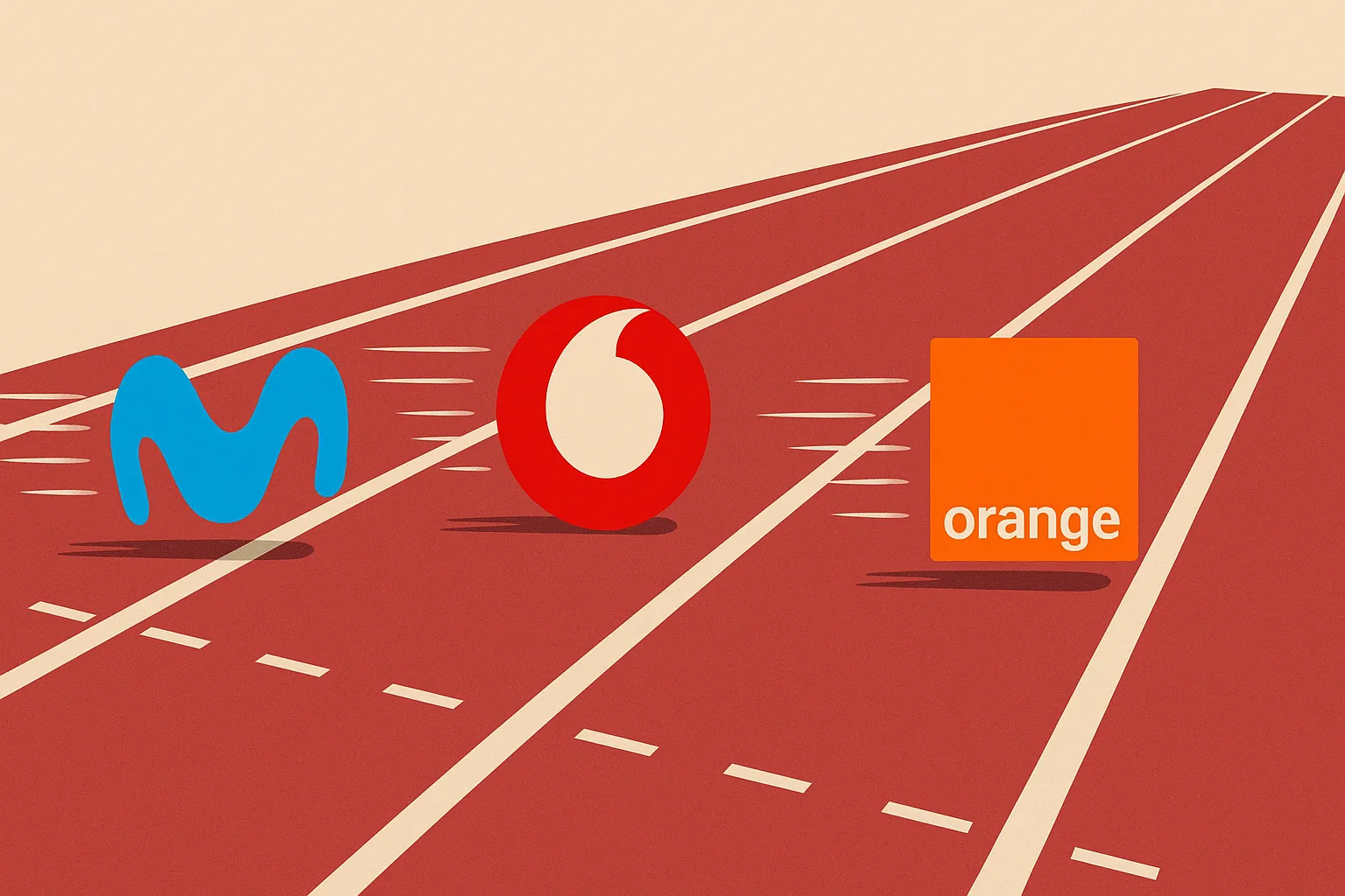 Logos de Movistar, Vodafone y Orange compitiendo en una pista de atletismo.