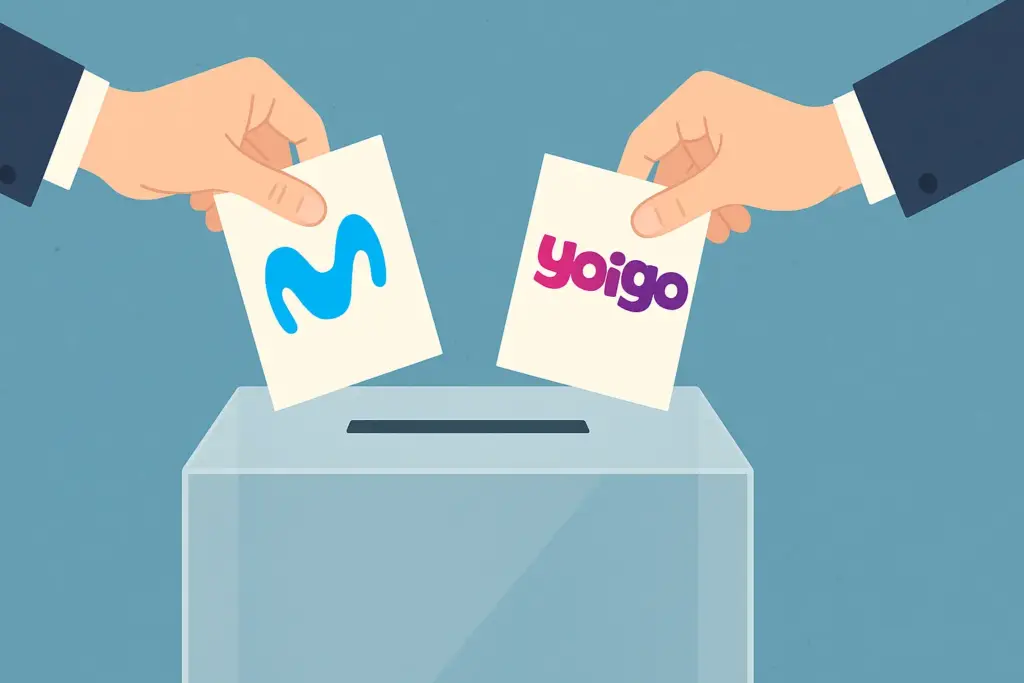 Manos introduciendo papeletas con los logos de Movistar y Yoigo en una urna de votación.