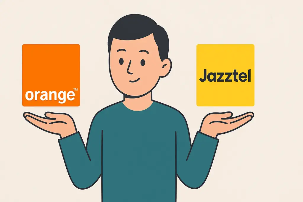 Hombre comparando tarifas de Orange y Jazztel con los logos en cada mano.
