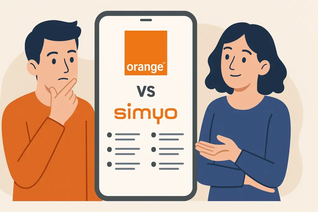 Hombre y mujer comparando tarifas de Orange y Simyo en una pantalla de móvil gigante.