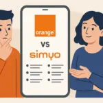 Hombre y mujer comparando tarifas de Orange y Simyo en una pantalla de móvil gigante.