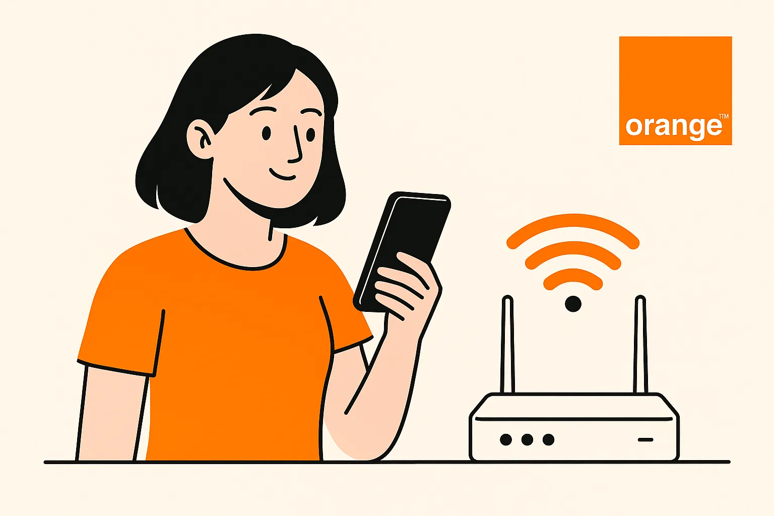 Mujer usando el móvil junto a un router WiFi, representando la conectividad de Orange con fibra y móvil